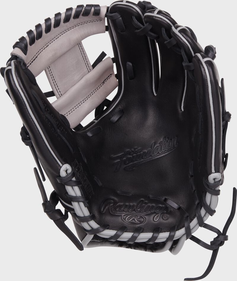 Black palm of a Rawlings Foundation Series youth infield glove with black laces - SKU: RSGRF204-2B loading=
