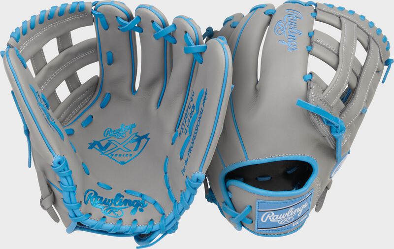 Two images showing the palm & back of a gray Rawlings NXT Series 12.25-Inch Baseball Glove loading=