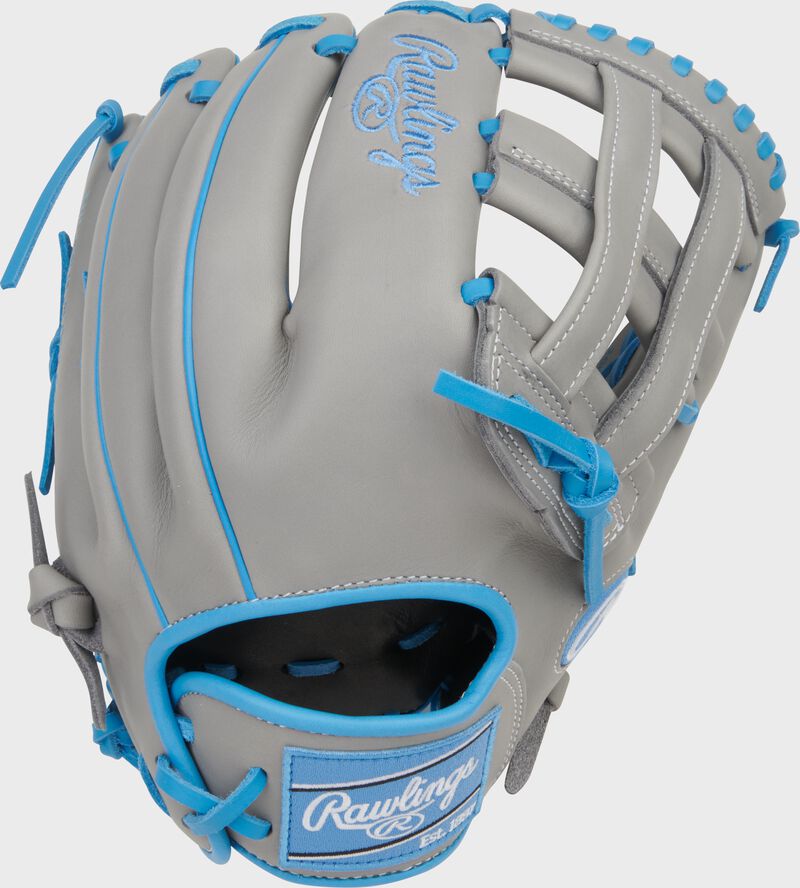 Back of a gray Rawlings NXT Series 12.25-Inch Baseball Glove with a Columbia blue Rawlings patch loading=