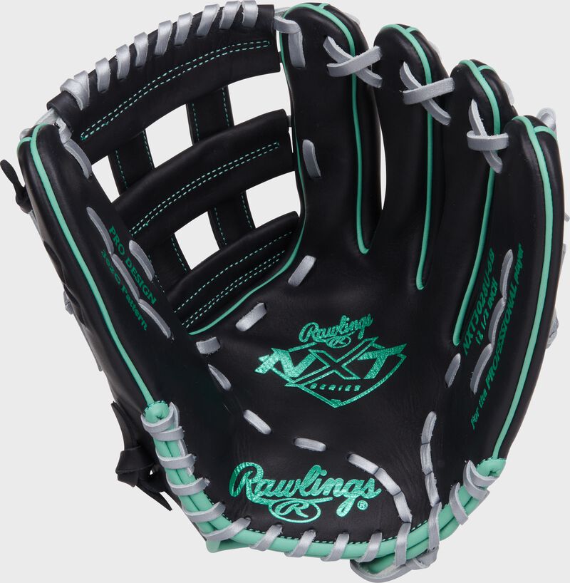 Black palm of a Rawlings NXT Series outfield glove with mint stamping and gray laces  loading=