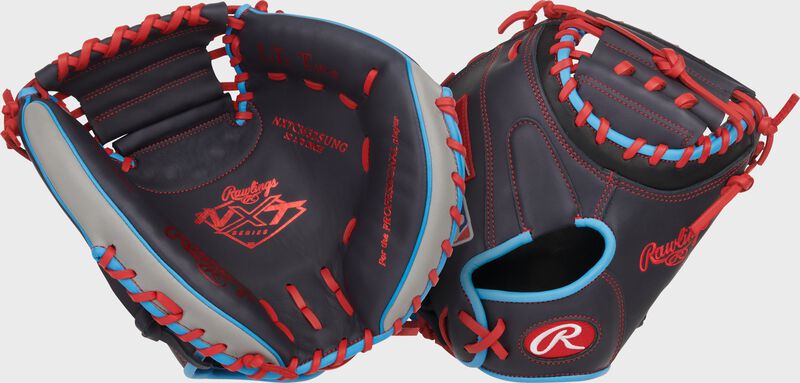 Two images showing the palm & back of a navy Rawlings NXT Series 32.5-Inch Catcher's Mitt loading=