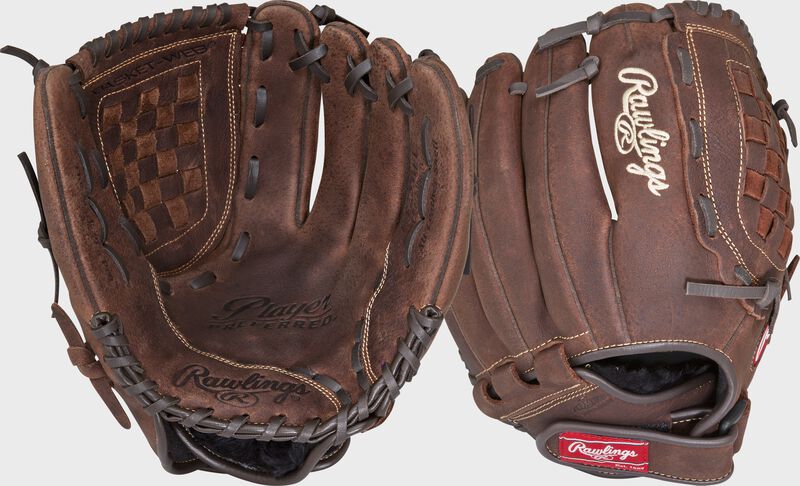 Two images showing the palm & back of a brown Player Preferred 12" glove loading=