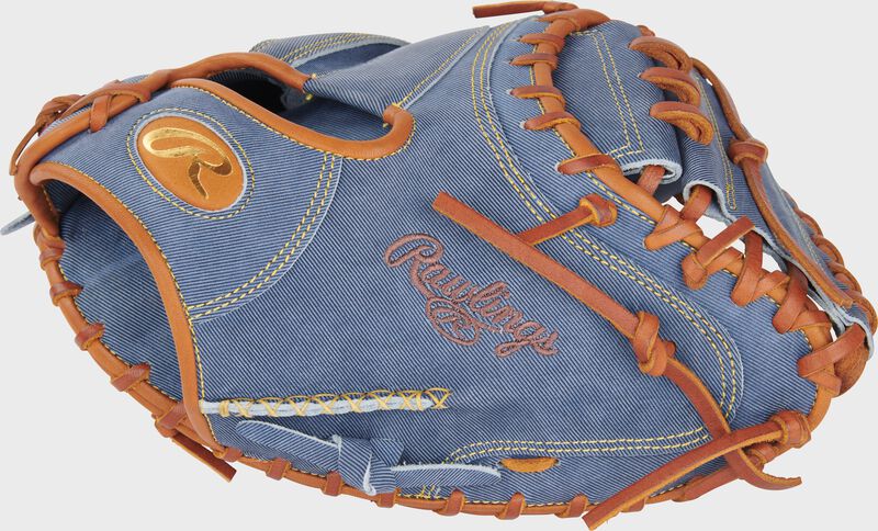 Thumb of a Heart of the Hide Pro Label Denim catcher's mitt with a 1-piece solid web loading=