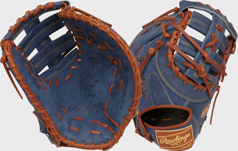 Two images showing the palm & back of a Heart of the Hide Pro Label Denim 1st base mitt loading=