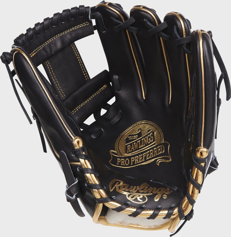 Black palm of a Rawlings JP Crawford Gameday 57 glove with black laces and gold stamping - SKU: RPROS2175-2JC loading=