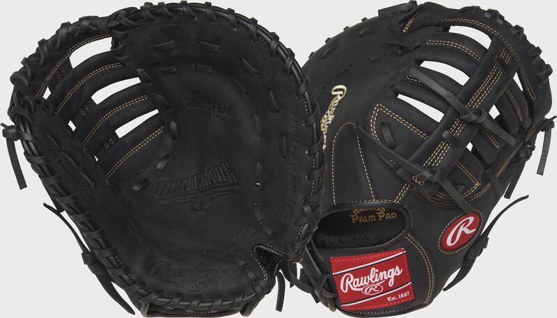 Two images showing the palm & back of a black Renegade 11.5" youth first base mitt loading=