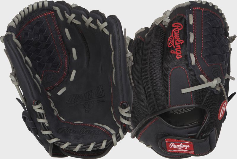 Two images showing the palm & back of a black Renegade 12" softball glove loading=