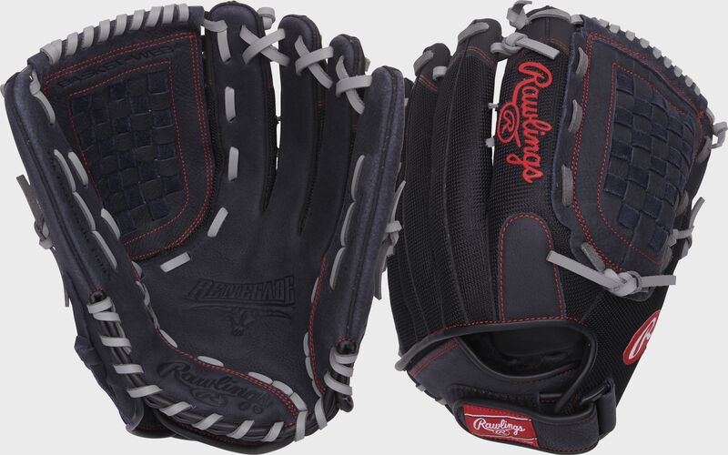 Two images showing the palm & back of a black Renegade 13" softball glove loading=