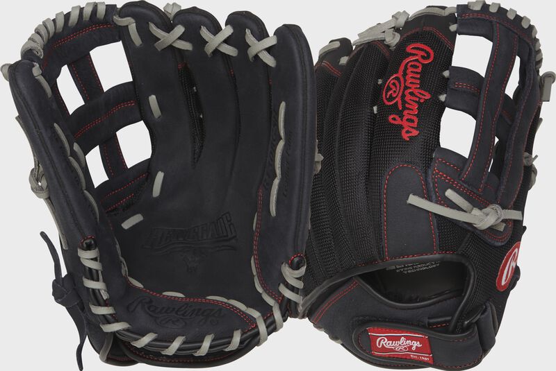 Two images showing the palm & back of a black Renegade 13" softball glove loading=