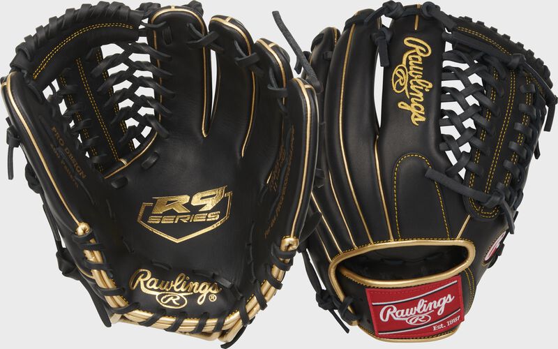 Two images showing the palm & back of a black R9 Series 11.75" infield/pitcher's glove loading=