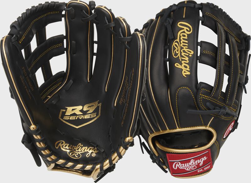 Two images showing the palm & back of a black R9 Series 12.75" outfield glove loading=