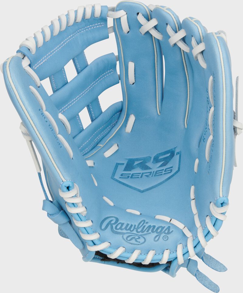 Columbia blue palm of a Rawlings R9 Series fastpitch glove with white laces loading=