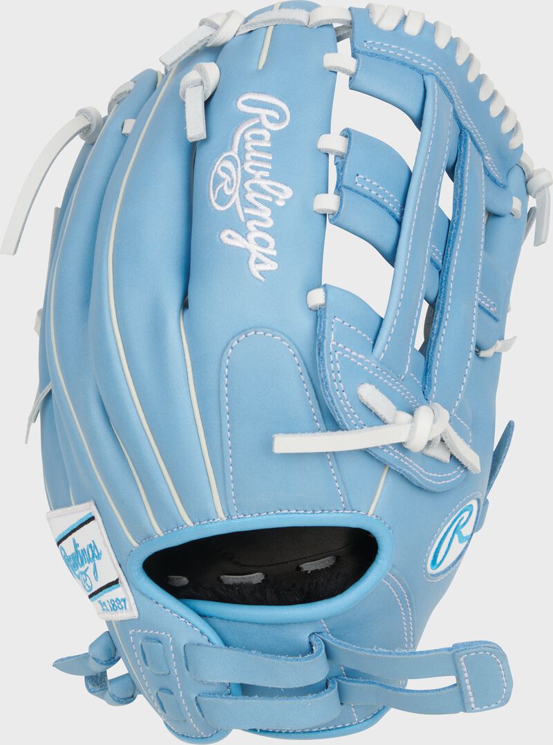 Columbia blue back of a R9 Series 12" fastptich glove with a pull strap back loading=