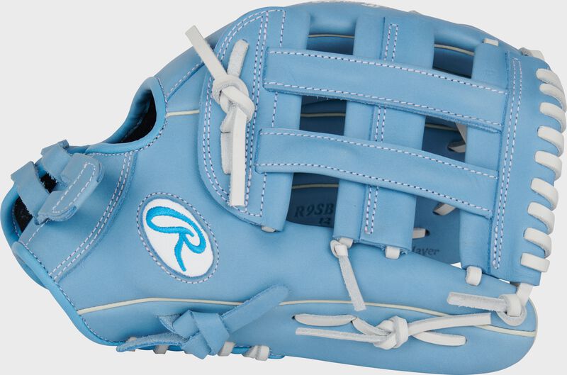 Thumb of a Columbia blue R9 Series 12" infield fastpitch glove with a Columbia blue H-web loading=