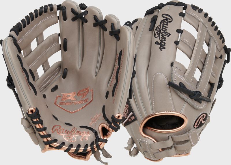 Two images showing the palm & back of a gray Rawlings R9 Series 12" ContoUR fit fastptich glove loading=