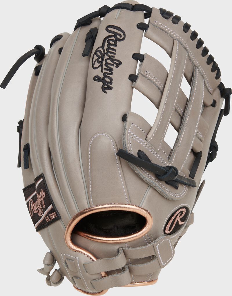 Gray back of a Rawlings R9 Series 12" ContoUR Fit fastptich glove with a pull strap back loading=