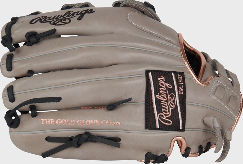 Gray back of a Rawlings R9 Series 12" ContoUR Fit fastpitch glove with a black/rose gold Rawlings patch loading=