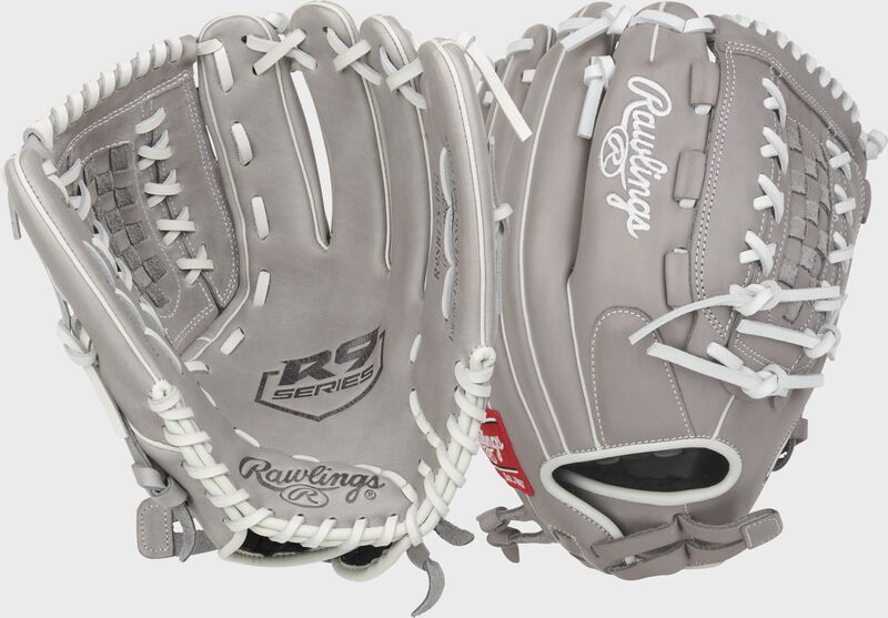 Two images showing the palm & back of a gray R9 Series 12.5" fastpitch pitcher/outfield glove loading=