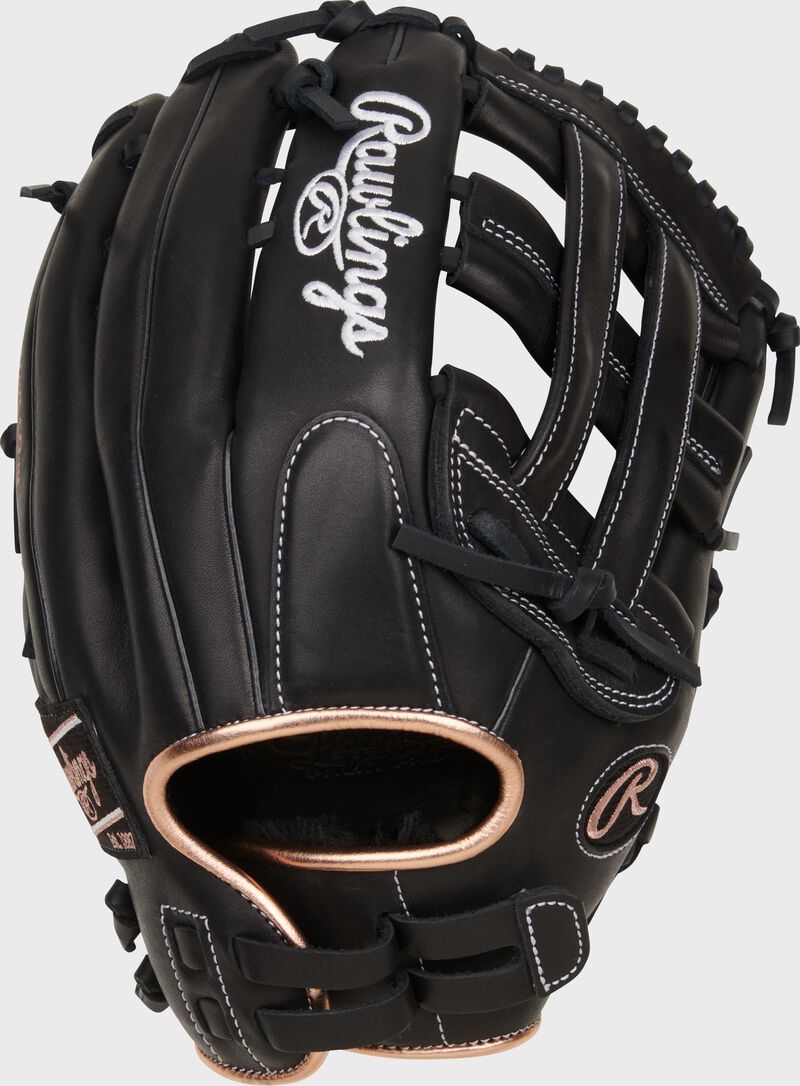 Black back of a R9 Series 13" fastpitch H-web glove with a pull strap back loading=