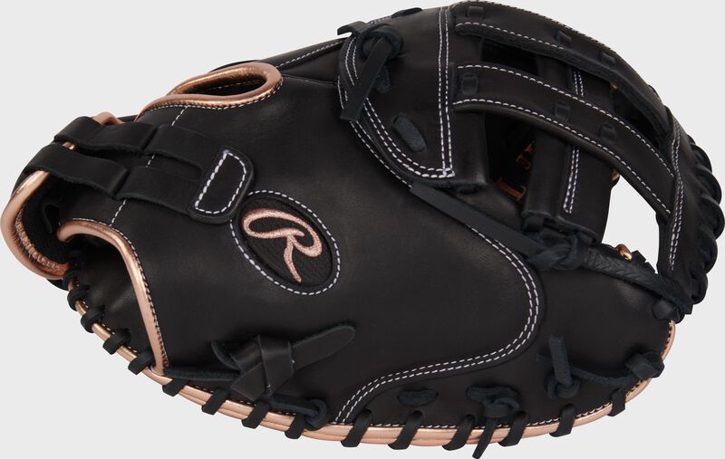 Thumb of a black R9 Series 33" fastpitch catcher's mitt with a black H-web loading=
