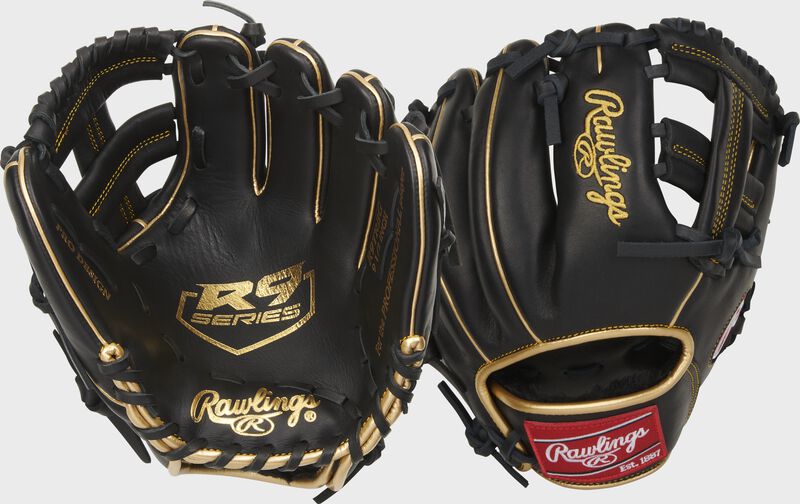 Two images showing the palm & back of a black R9 Series 9.5" training glove loading=
