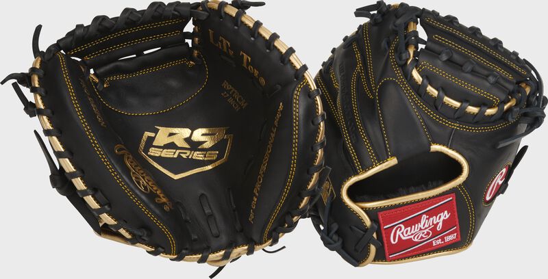 Two images showing the palm & back of a black R9 Series 27" catcher's training mitt loading=