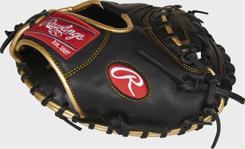 Web back view of black 2021 R9 Series 27-inch Catcher's Training Mitt loading=