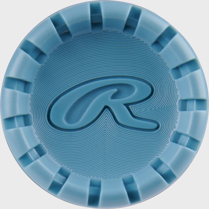 Blue end cap of a 2025 Clout AI BBCOR baseball bat with a "R" Logo in the middle loading=