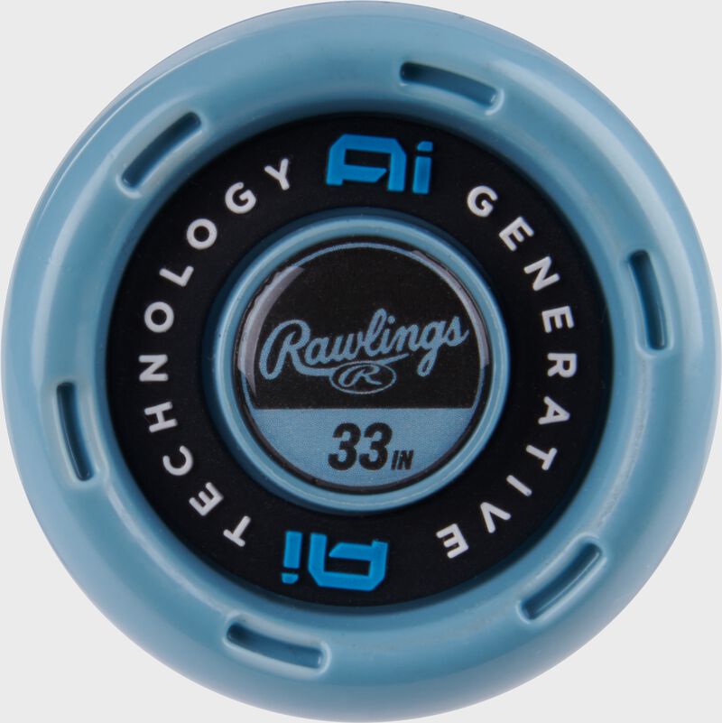 Black/blue knob of a 2025 Rawlings Clout AI 33" BBCOR bat with a Generative AI logo loading=