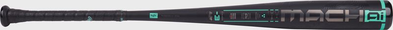 A black/mint Rawlings Mach AI BBCOR bat with the black grip on the left and barrel on the right loading=