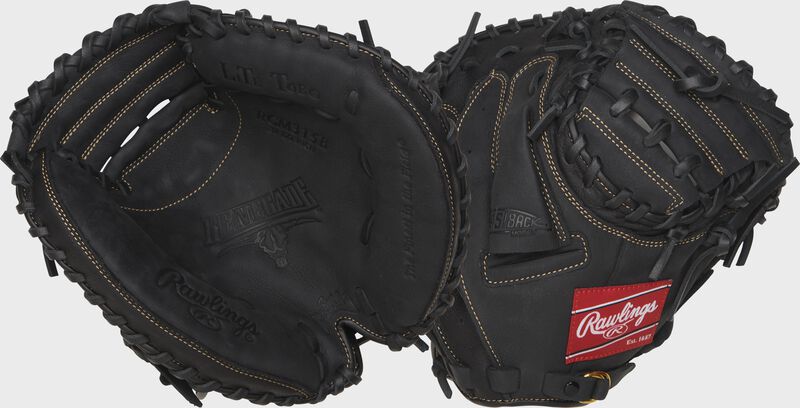 Two images showing the palm & back of a black Renegade 31.5" youth catcher's mitt loading=