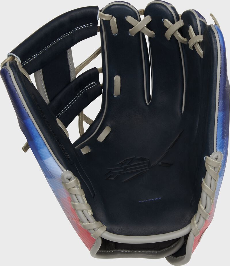 Navy palm of a Rawlings Bo Bichette REV1X glove with gray laces - SKU: REV205-2XN loading=