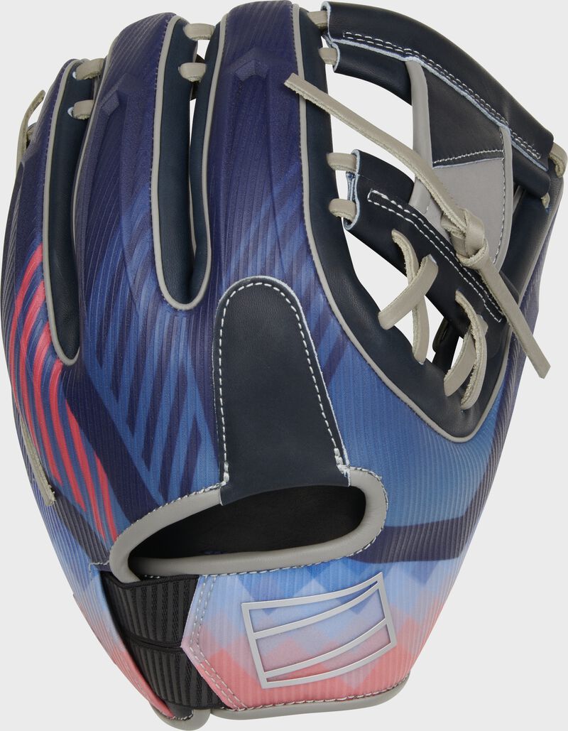 Navy/pink printed design back of an 11.75" Bo Bichette REV1X infield glove with the Rawlings logo outlined on the wrist - SKU: REV205-2XN loading=