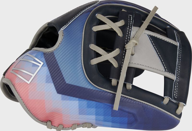 Thumb of a navy/pink exclusive Bo Bichette REV1X 11.75" infield glove with a navy/gray 2-tone I-web - SKU: REV205-2XN loading=