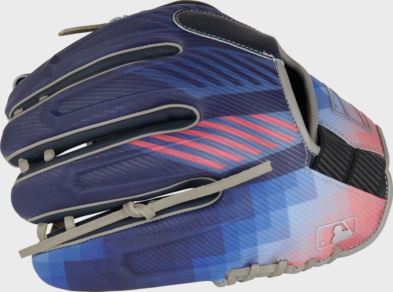 Navy/pink print design back of a REV1X Bo Bichette infield glove with the MLB logo on the pinky - SKU: REV205-2XN loading=