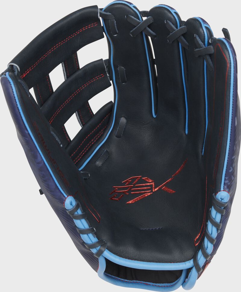 Navy palm of a Rawlings REV1X outfield glove with scarlet stamping and navy laces - SKU: REV3039-6N loading=