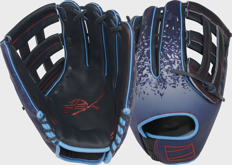 2 views showing the palm and back of a navy Rawlings REV1X 12.75" outfield glove - SKU: REV3039-6N loading=