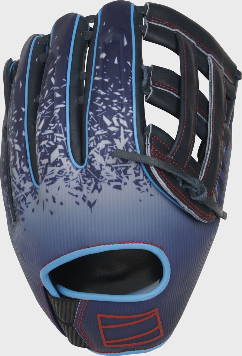 Back of a navy REV1X 12.75" H-web outfield glove - SKU: REV3039-6N loading=