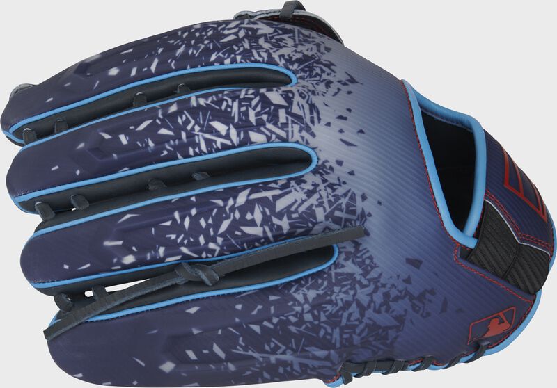 Back of a navy REV1X 12.75" outfield glove with the MLB logo on the pinky - SKU: REV3039-6N loading=