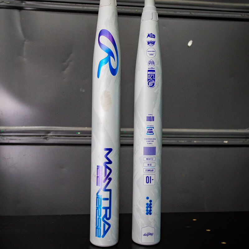 Picture of two gray Rawlings Mantra Reverse fastpitch softball bats showing both sides of the barrel loading=