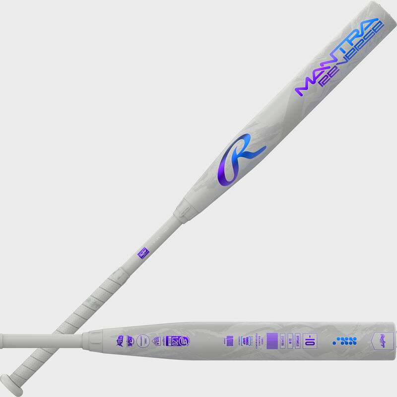 Two images showing both sides of the barrel of a gray Rawlings Mantra Reverse fastpitch softball bat loading=