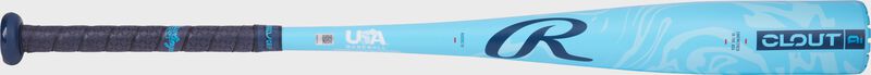 Side image of a blue Rawlings Clout AI USA -10 bat with a navy "R" logo above the handle loading=