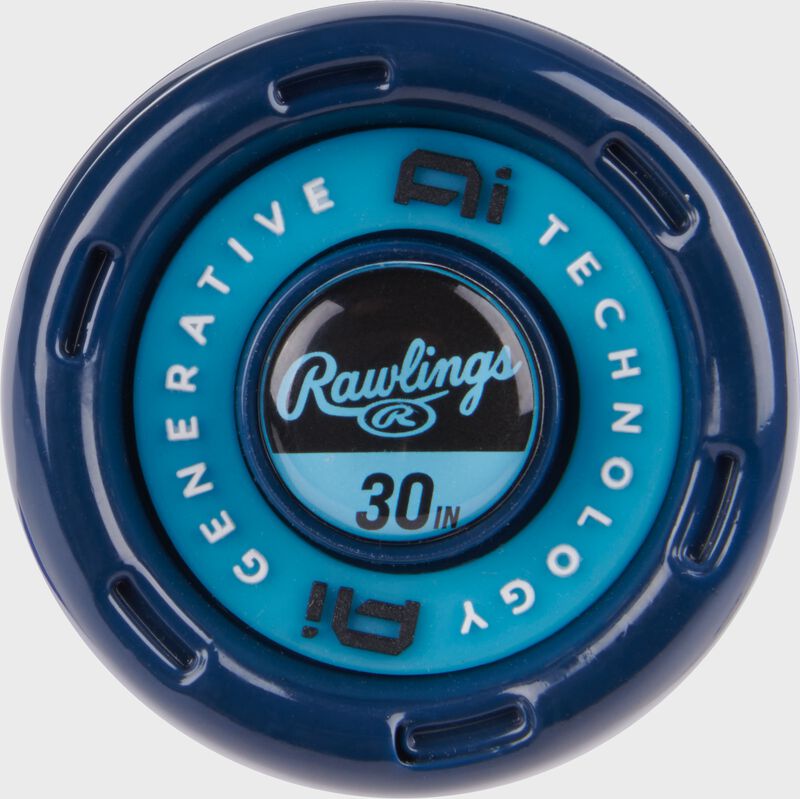 Blue knob of a Rawlings Clout AI 30 in -10 USA Baseball bat loading=