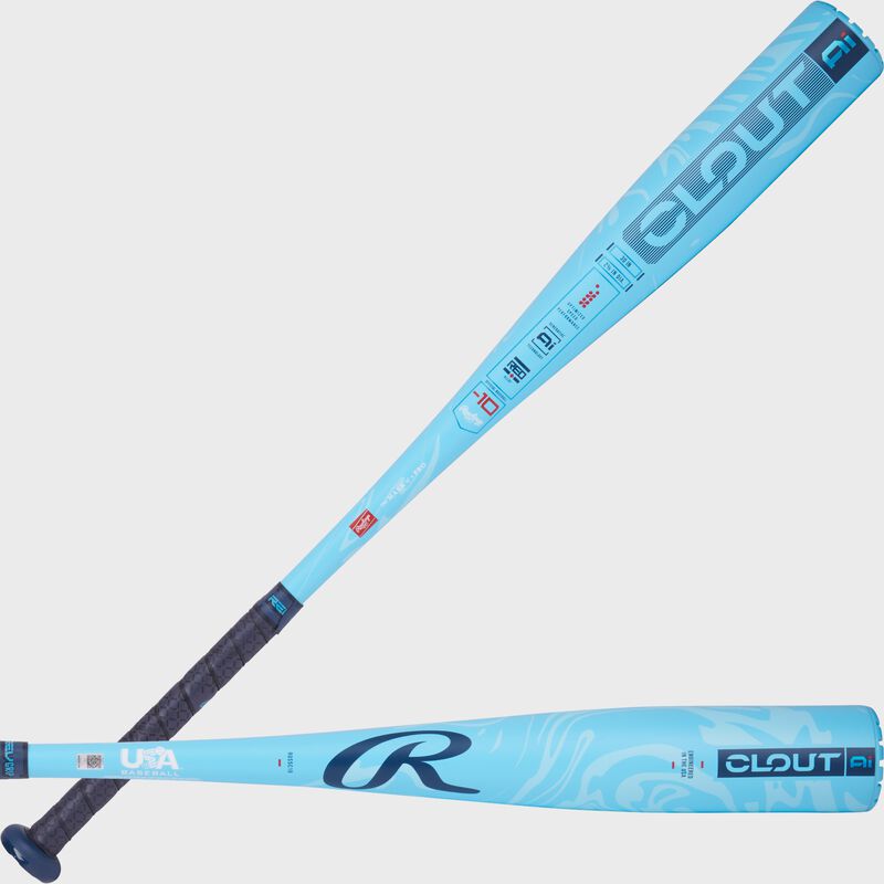 Two images of a blue Rawlings Clout -10 USA Baseball bat showing both sides of the barrel loading=