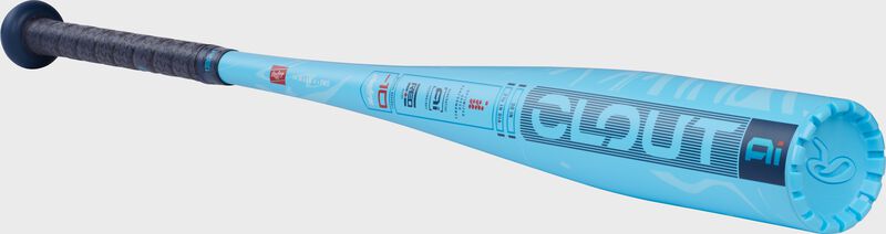 Angled image of a blue Rawlings Clout AI -10 USA bat with the Clout AI logo on the barrel loading=