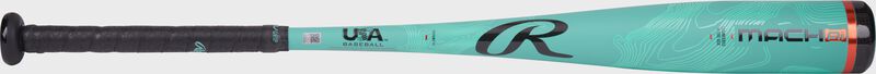 Side image of a mint Mach AI -10 USA bat with the "R" logo above the handle loading=