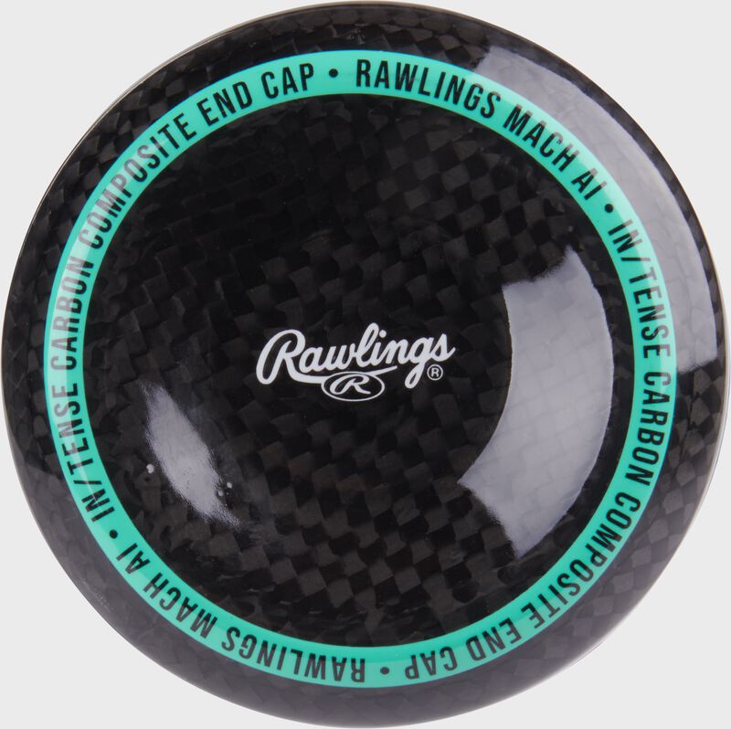 Black composite end cap of a Rawlings 2025 Mach AI USA Baseball bat loading=