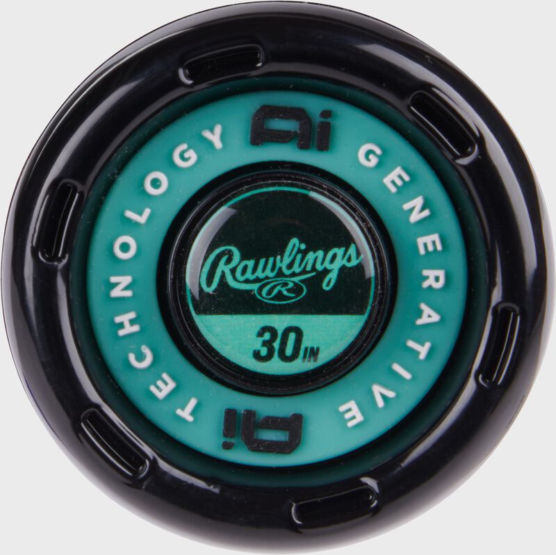 Black/mint knob of a Rawlings Mach AI 30 in -10 USA Baseball bat loading=