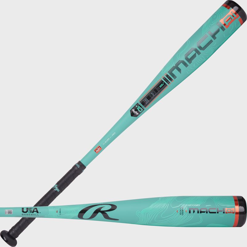 Two images of a mint 2025 Rawlings Mach AI -10 USA Baseball bat showing both sides of the barrel loading=