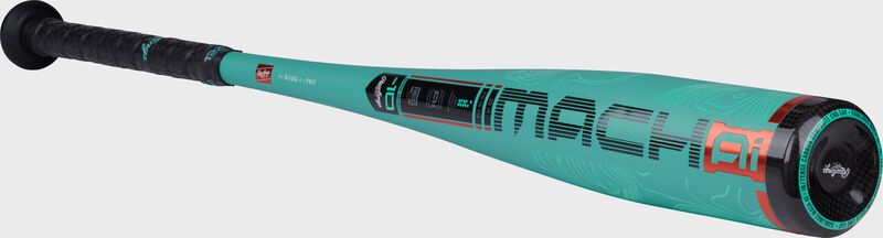 Angle view of a mint Rawlings Mach AI -10 USA baseball bat with the Mach AI logo on the barrel loading=